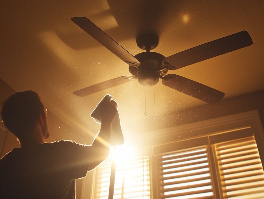 A man preparing to clean a celing fan with a cloth.