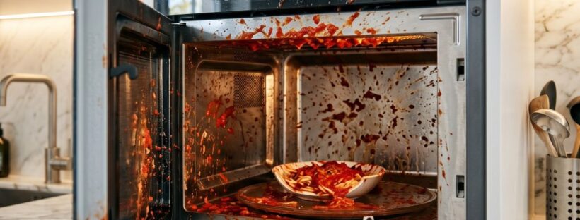 a modern microwave oven immediately after a messy explosion of tomato-based pasta sauce inside